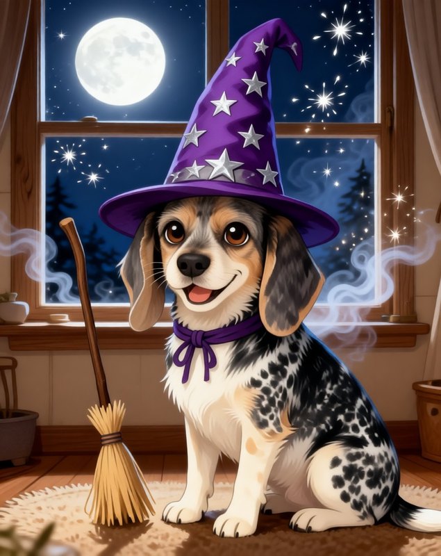 Little Witch pet portrait sample (AI-generated)
