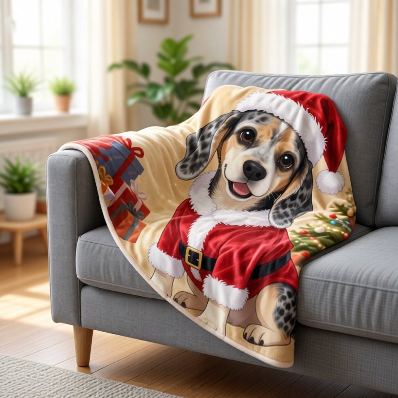 A Santa Paws pet portrait on a throw blanket (shows Pocket, our own dog)