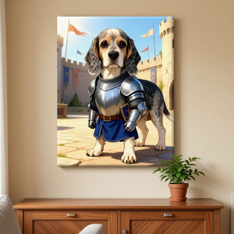 A knight pet portrait on a canvas print (shows Pocket, our own dog)
