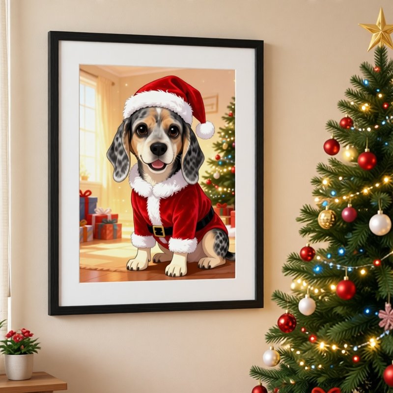 A Santa Paws pet portrait in a framed print (shows Pocket, our own dog)