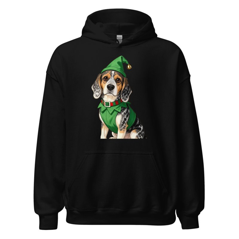 An elf pet portrait printed on a hoodie (shows Pocket, our own dog)