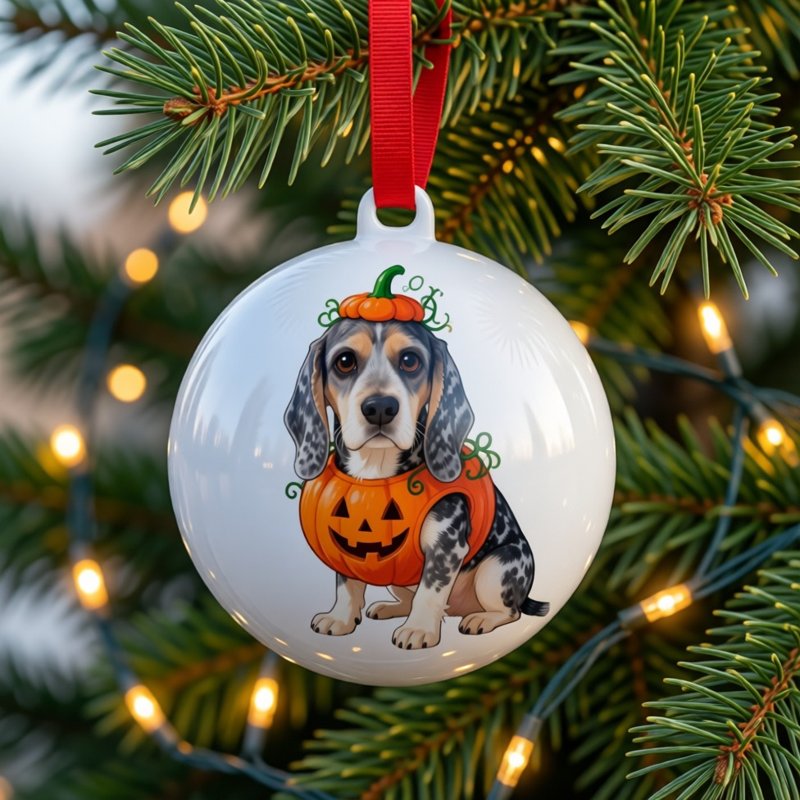 A pumpkin pet portrait on a ceramic ornament (shows Pocket, our own dog)