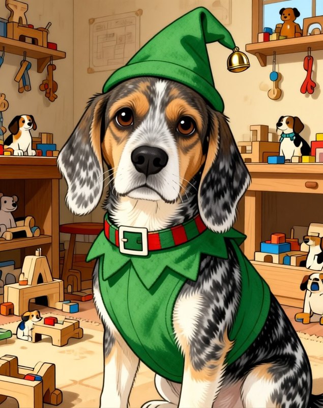Workshop Elf pet portrait sample (AI-generated)